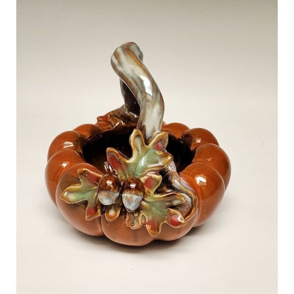 Tii Collections Ceramic Pumpkin Leaf and Stem Handle Dark Autumn Colors Decor - Picture 2 of 5